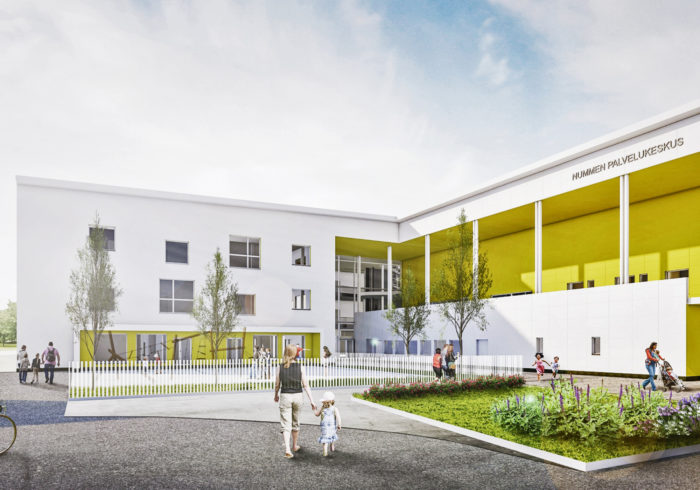 Koko kyl&auml;n kohtauspaikaksi kaavailtu palvelukeskus pit&auml;&auml;  sis&auml;ll&auml;&auml;n yhten&auml;iskoulun, kirjaston, monipuoliset liikunta-,  sosiaali- ja terveyspalvelujen tilat sek&auml; kulttuuripalveluita.
(kuva: YIT)